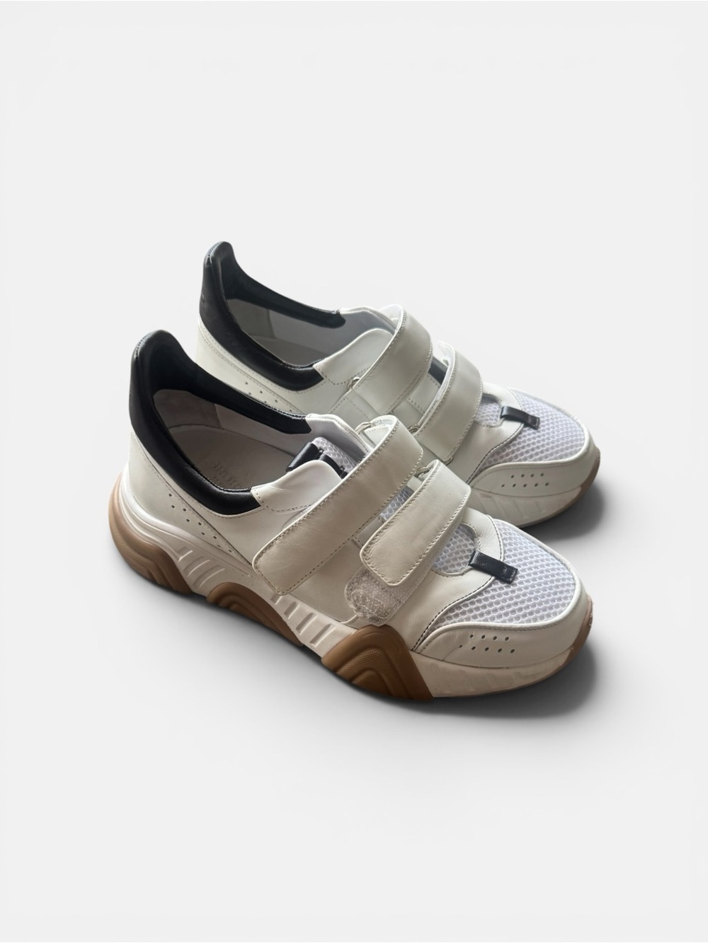 Women's Sporty Chic Sneaker, White and Brown Chunky Velcro Sneakers, Size 38